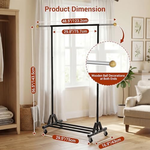Rolling Garment Rack - Retractable Clothes Rack with Hanging Rods, Lockable W...