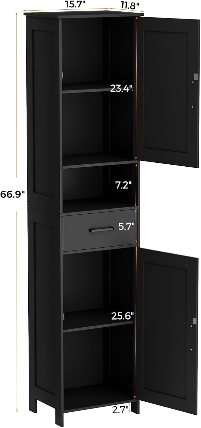 Homhedy 67" H Tall Bathroom Storage Cabinet with Barn Doors and Drawer