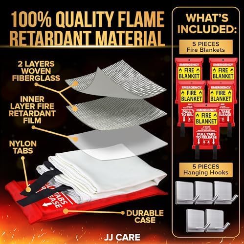 JJ CARE Fire Blanket – 5 Pack with Hooks, 40" x 40" Flame Retardant...