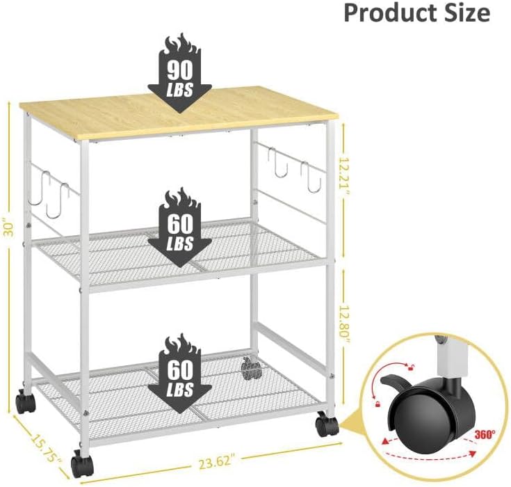 ThreeHio Rolling Kitchen Microwave Cart, 3 Tier Microwave Table Stand with St...