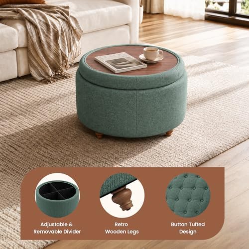 25Inch Round Storage Ottoman, Small Round Ottoman Coffee Table with Storage