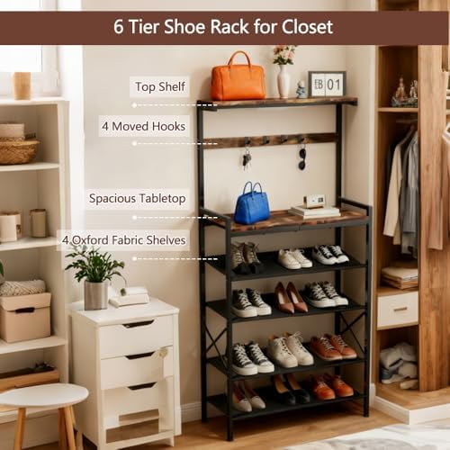 Shoe Rack for Entryway,6 Tier Wooden Shoe Storage Organizer for 16-20 Pairs