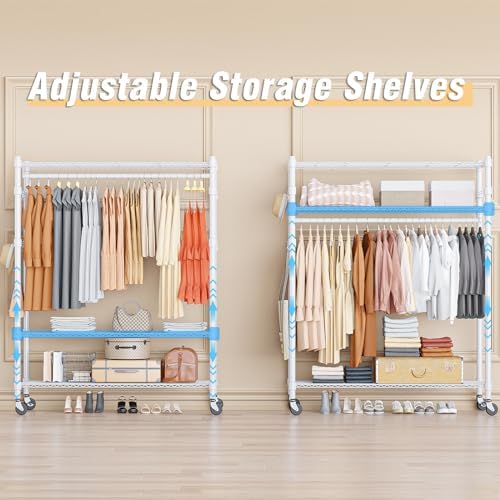 Homdox 3 Tier Garment Rack with Wheels, Portable Closets for Hanging Clothes ...