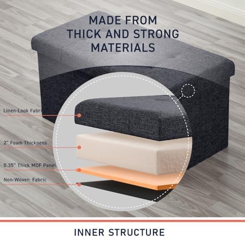 Ornavo Home 30 Inch Folding Storage Ottoman Bench, Tufted Linen, Black