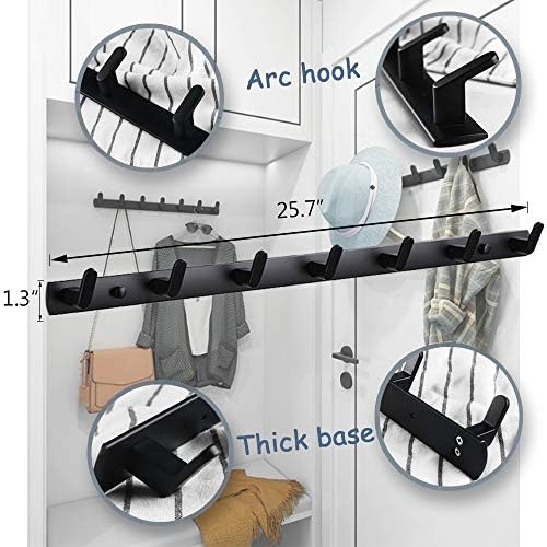 Wall Mounted Coat Rack, 7 Hooks, 25.7"x1.3", Modern, Black, 2 Pcs