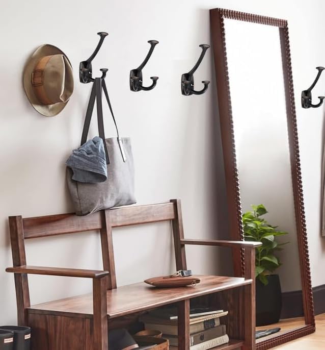 10 Pack Oil Rubbed Bronze Hooks Large Wall Mounted Solid Heavy-Duty Decorative Double-Sided Coat Hooks for Triple Coat Hook Towels Coats Robes Towels Bag Bathroom Three Prong Coat Hook