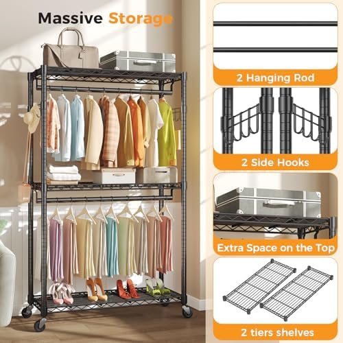 NEWBULIG Heavy Duty Clothing Rack with Wheels, 3-Tier Adjustable Wire Garment...