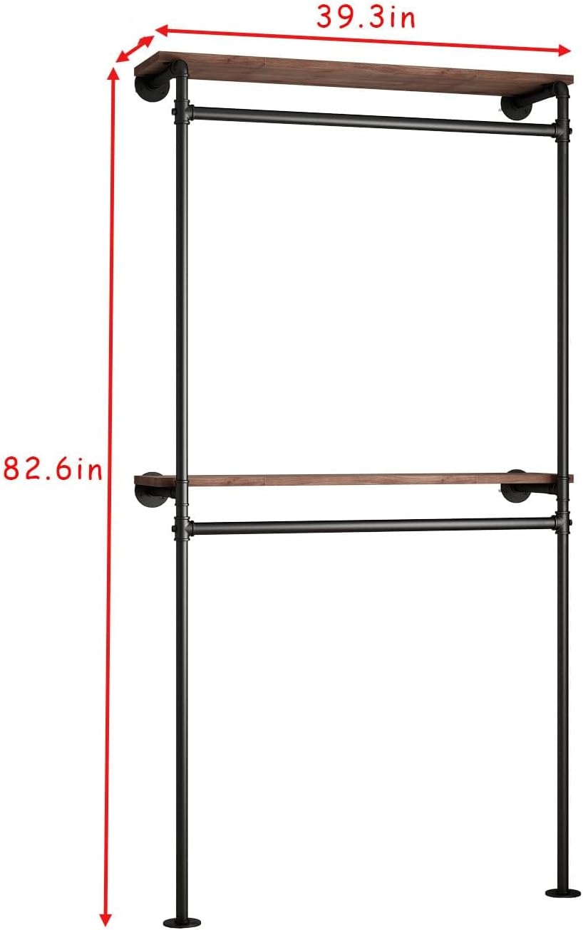 DR.IRON Industrial Pipe Clothing Racks with 2 Tier Shelves, Wall Mounted Blac...