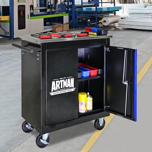 Double-Door Heavy-Duty Rolling Steel Tool Cart with Handle&Wheels, Metal ...