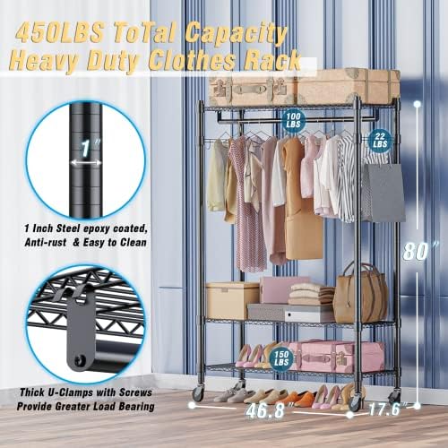 Homdox Rolling Garment Rack with Double Rod, Heavy Duty Clothing Rack with Sh...