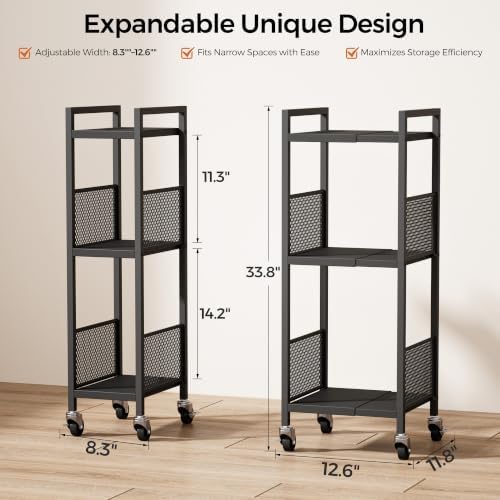 3-Tier Expandable Storage Shelving Unit,Slim Storage Cart,Metal