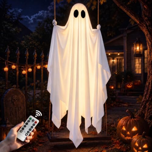 Hanging Ghost Halloween Decorations Outdoor, 7-12 FT Light Up Ghost Swing