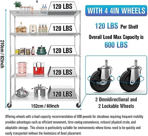 5 Tier NSF Wire Shelf Shelving Unit, 24 x 60 x 82 Inch 7500lbs Capacity Heavy...