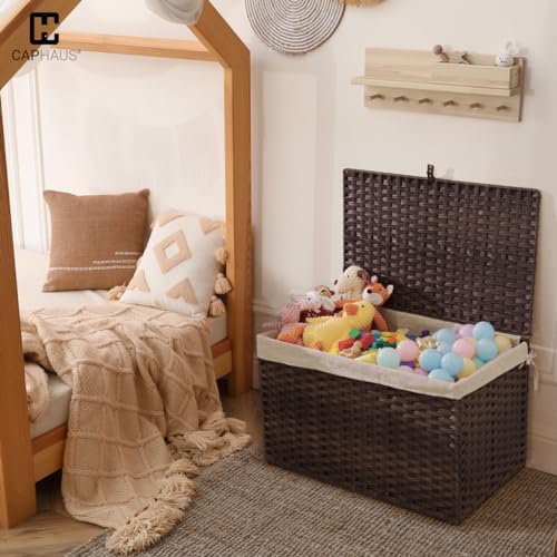 CAPHAUS Laundry Basket w/Lid, Synthetic Rattan Laundry Hamper w/Lid and Handl...
