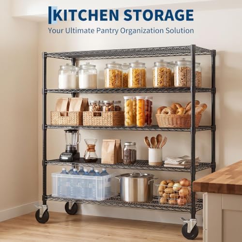 Garvee 3250LBS Metal Shelving with Wheels, 5-Tier Wire Storage Shelves 71"H