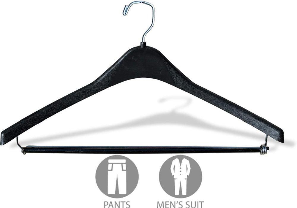 Heavy-Duty Black Plastic Coat Hanger with Locking Wooden Pant Bar, (Box of 25...