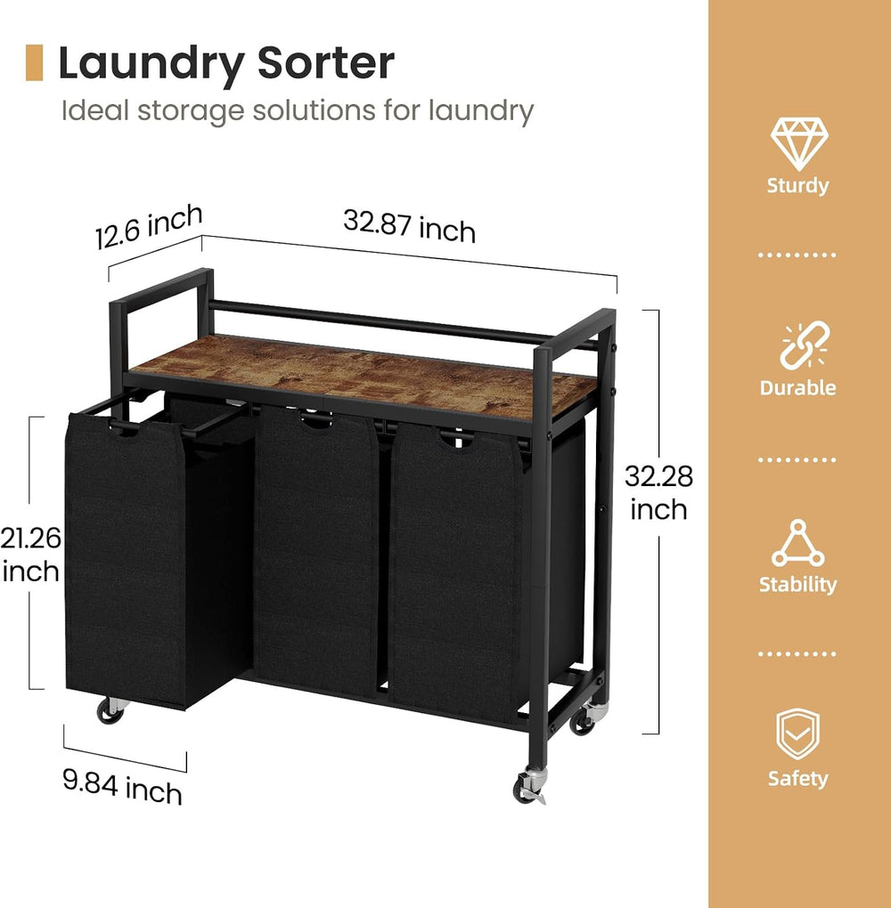 Laundry Sorter, Laundry Hamper 3 Section, 3×11.4Gal, Metal Frame Rolling Laun...