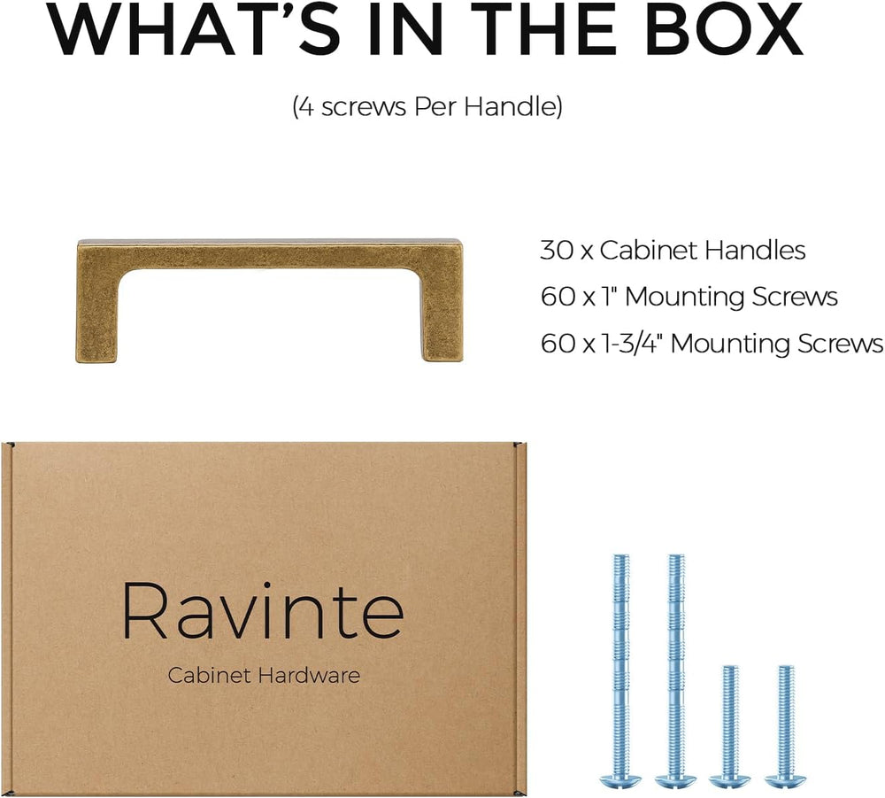 Ravinte Antique Brass Cabinet Handles Solid Square Pulls 3 Inch 30 Pack