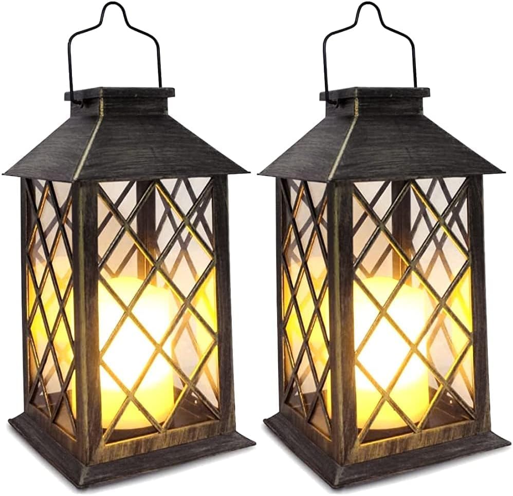 2 Pack 14'' Durable Tempered Glass Solar Lanterns Outdoor Waterproof