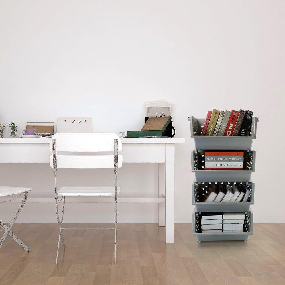 4 Pack Stackable Detachable Storage Baskets, Stacking Bins for Organizing, Grey