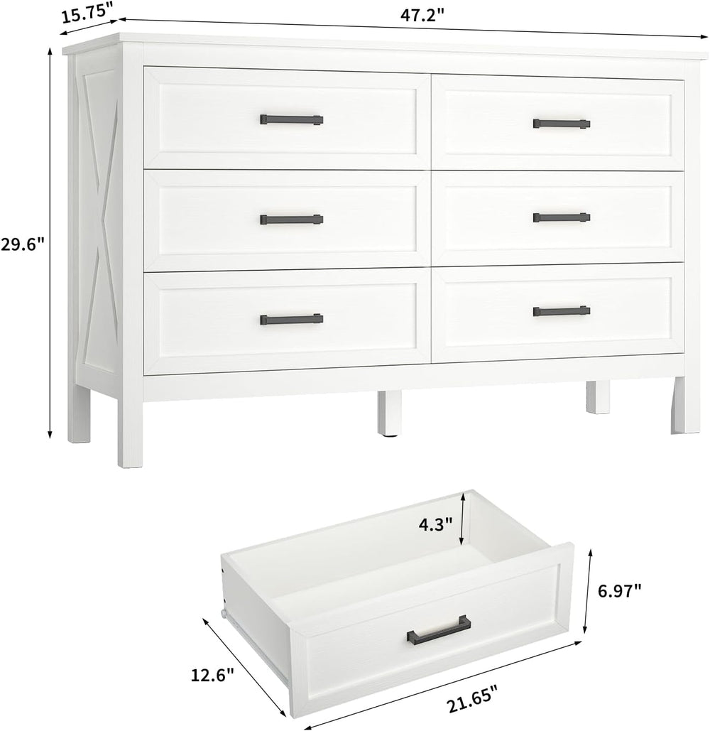 White Farmhouse 6 Drawers Dresser for Bedroom, 47 Inch
