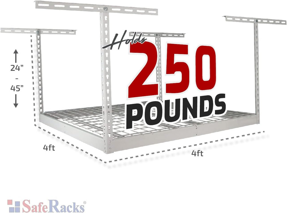 SafeRacks 4x4 Overhead Garage Storage Rack, 250 lb, 24"-45", White