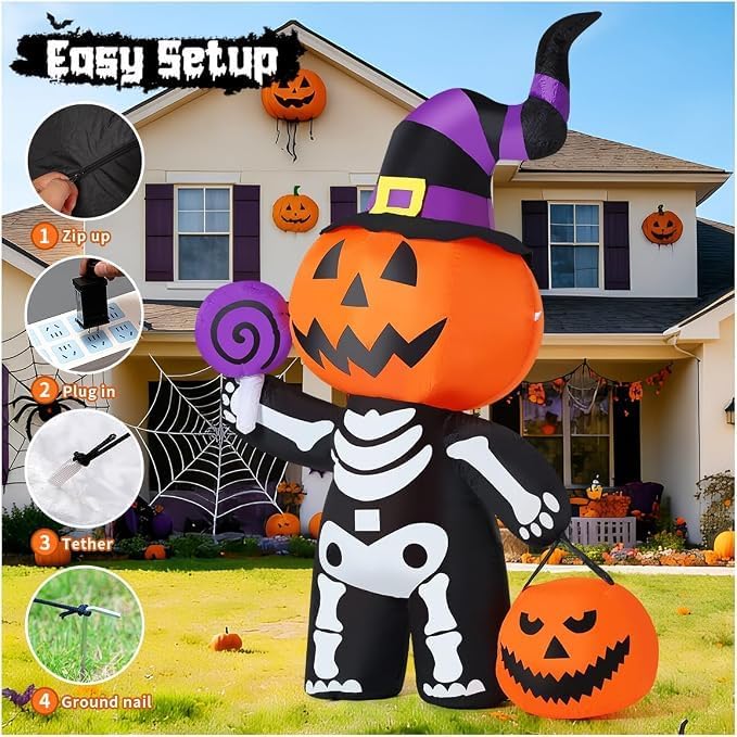 GOOSH 6 FT Halloween Inflatable Pumpkin Skull Body Outdoor Decorations Blow U...