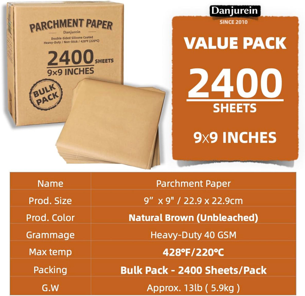 2400 Sheets 9x9" Unbleached Bulk Value Pack Square Parchment Paper