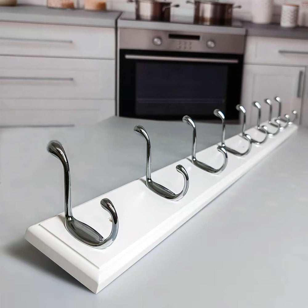 Wooden Wall Mounted Coat Rack 35 inch (90cm) with 8 Silver Hooks, Lang Wood W...