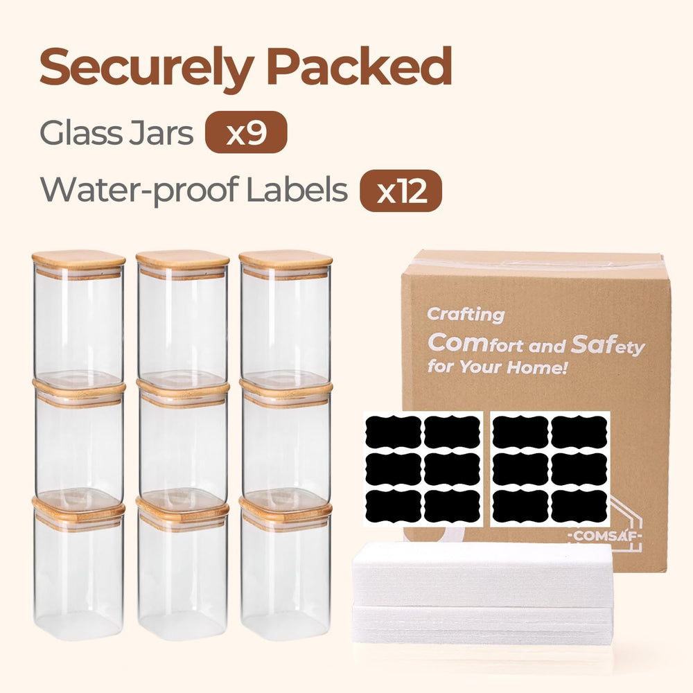 ComSaf Square Glass Containers with Lids 1.2 Qt, Set of 9 Pantry Glass Jars