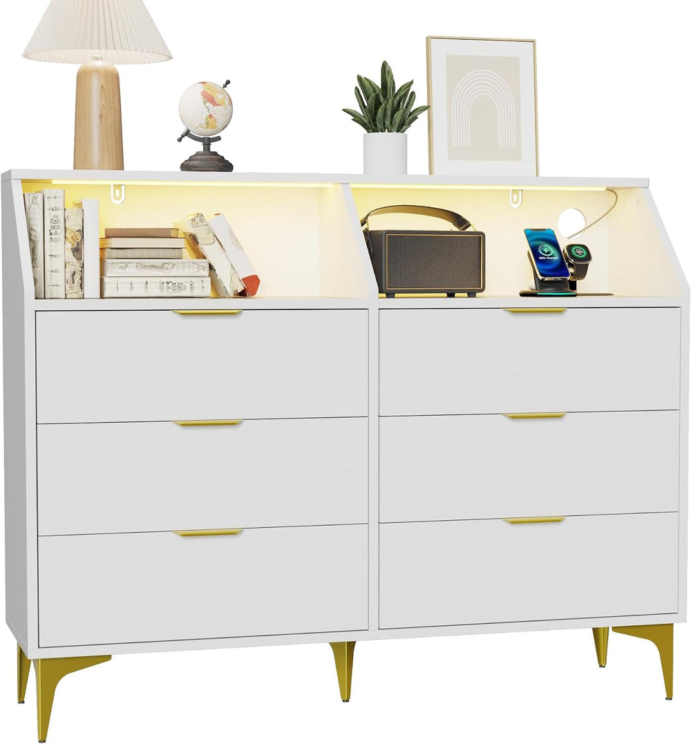 LOUVIXA 6 Drawer Dresser with LED Light, Chest of Drawers with Charging Stati...