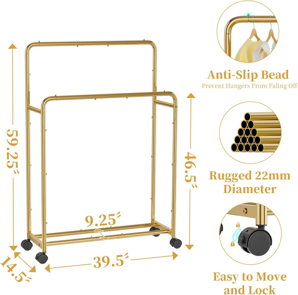 Simple Trending Clothing Clothes Rack Double Rods with Wheels, Rolling Metal ...