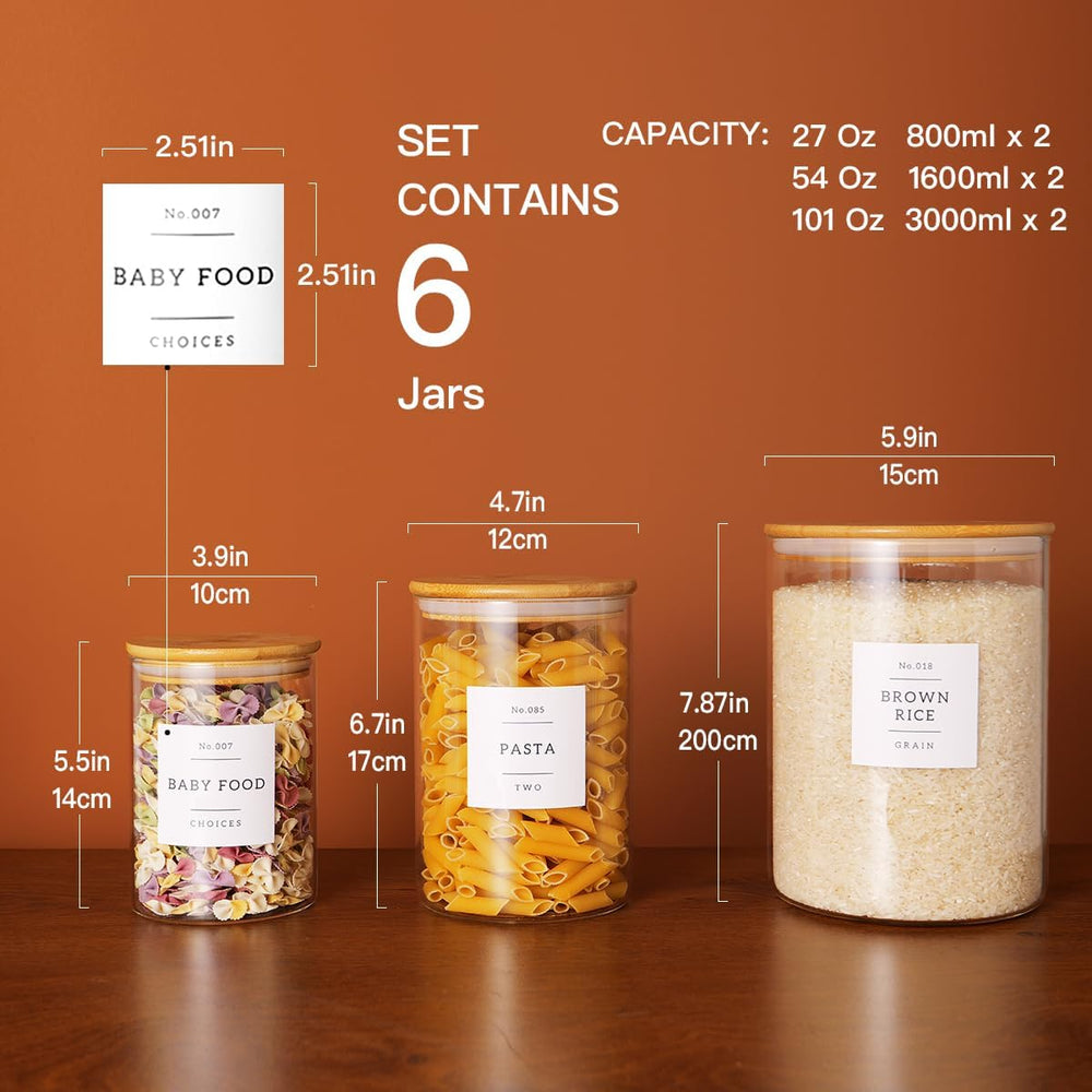 CZZGSM Set of 6 Glass Flour and Sugar jars with 132 Kitchen Pantry Labels - T...