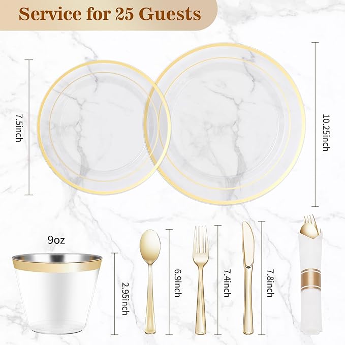 BESTVIP 175PCS Clear Gold Plastic Dinnerware Set, Disposable Party Plates for...