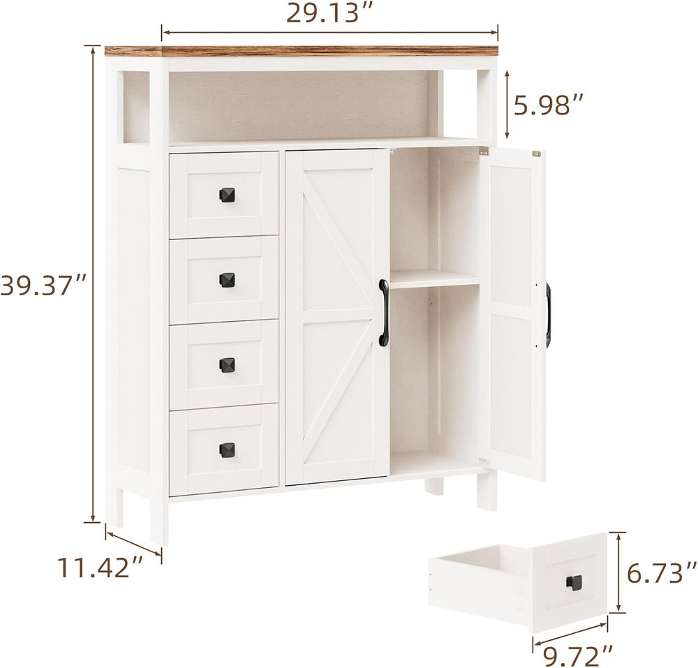 Vabches Farmhouse Storage Cabinet with 2 Doors and 4 Drawers, Unique White