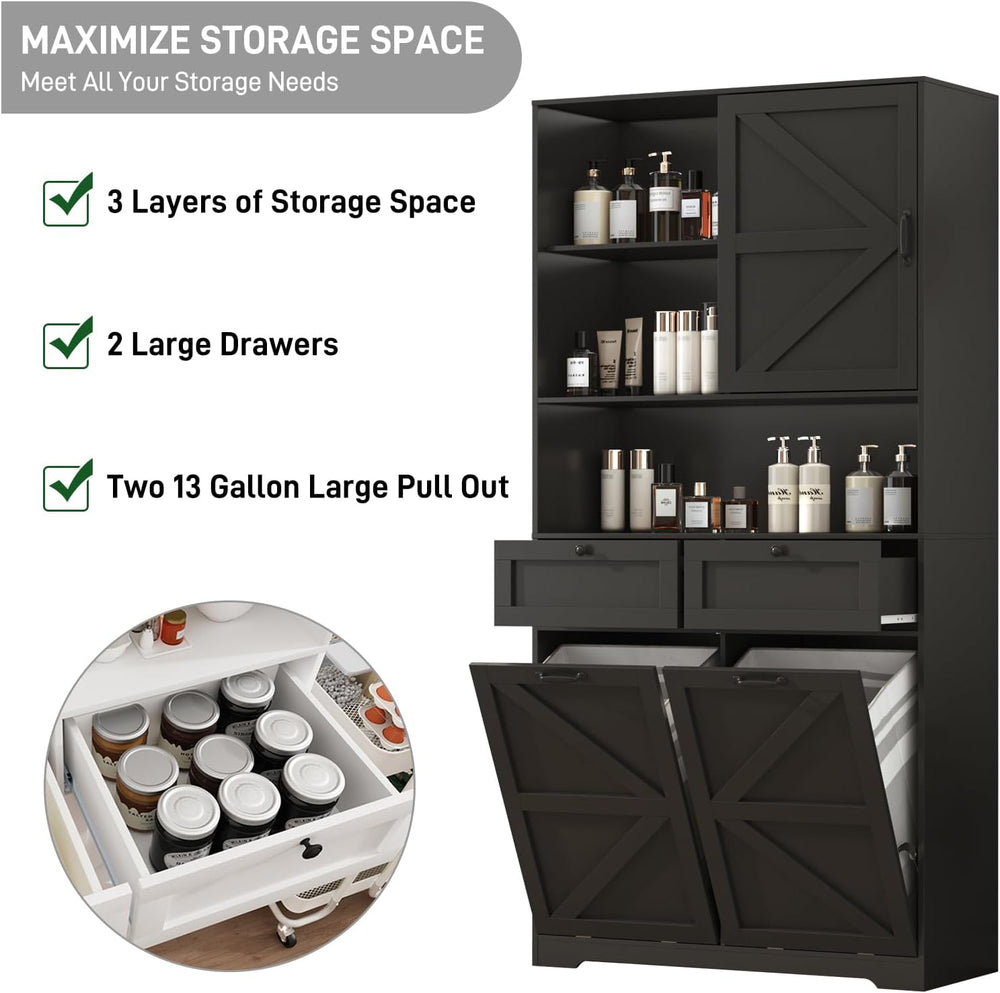 78" Tall Tilt-Out Double Doors Laundry Cabinet Hamper w Hidden Laundry H...