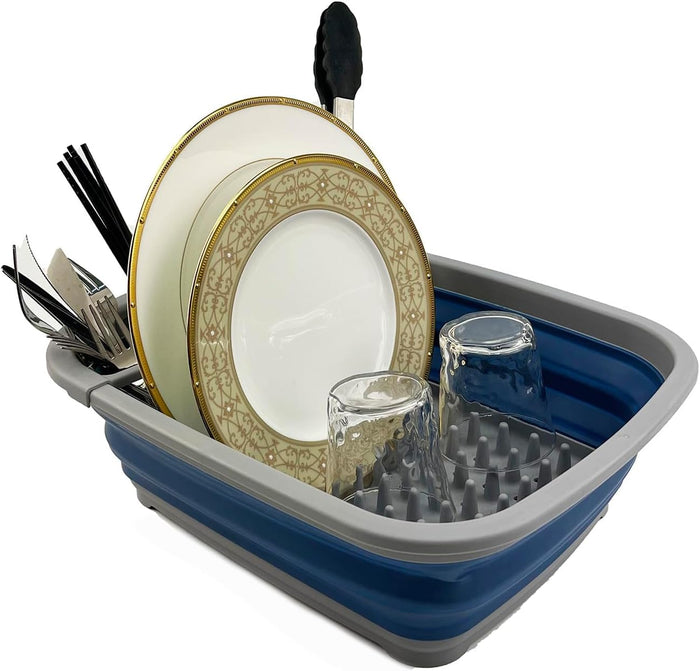 SAMMART 8L (2.11Gallons) Collapsible Plastic Dish Drainer - Foldable Drying Rack - Portable Dinnerware Organizer - Space Saving Kitchen Utensil Storage Tray (Grey/Mist Blue)