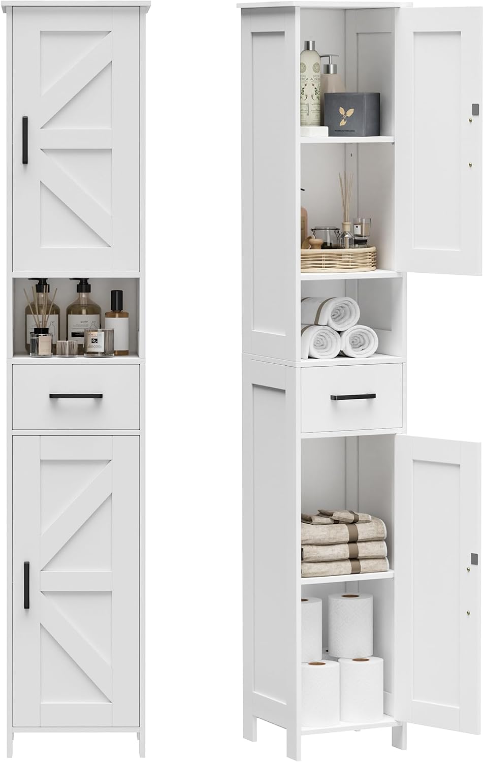 67" H Tall Bathroom Storage Cabinet with Barn Doors and Drawer