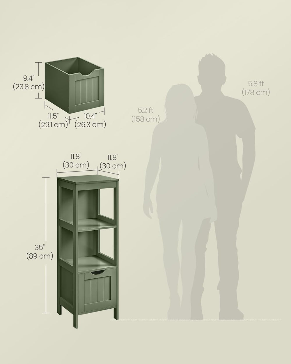 VASAGLE Bathroom Floor Cabinet, 2 Drawers, 35" H, Forest Green