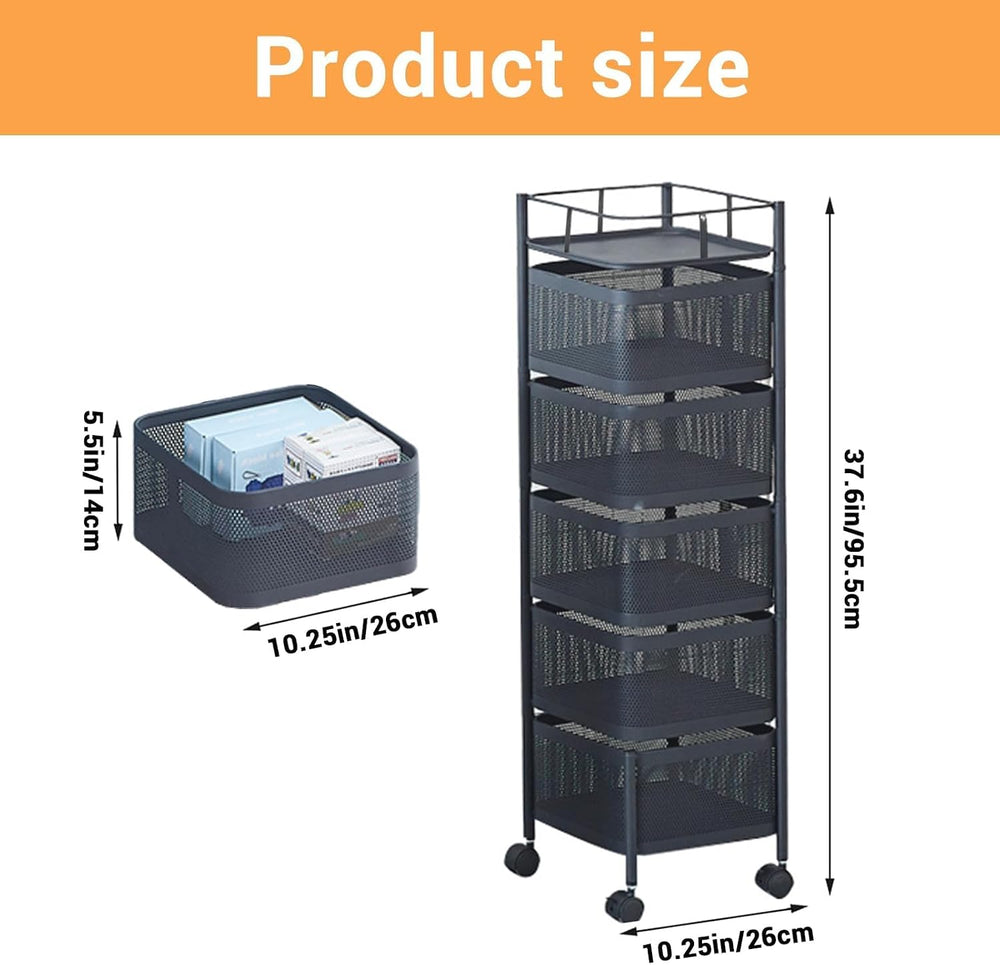 5 Tier Rotating Rolling Storage Cart with Top Lid & 360° Wheels, Metal Me...