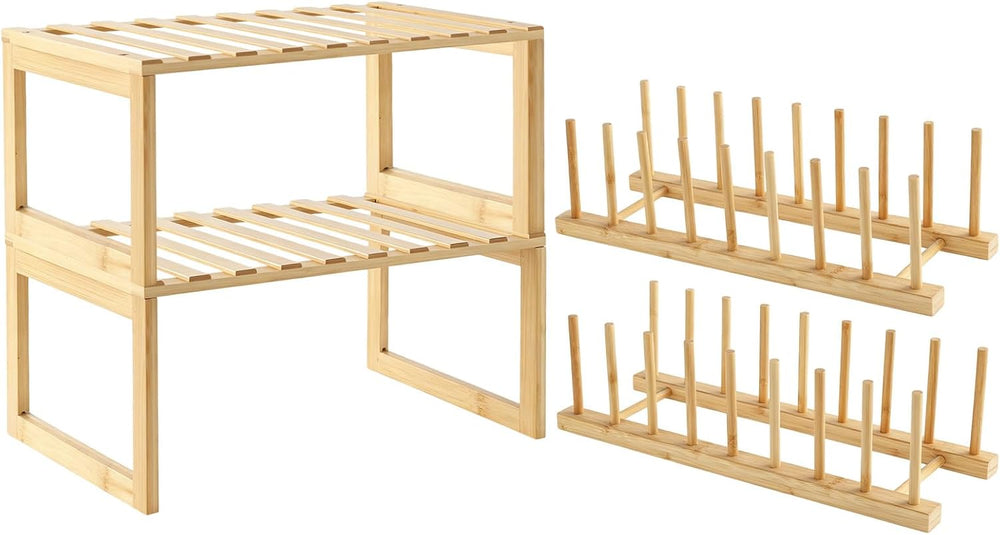 4 Pcs Cabinet Organizer Shelf and Bamboo Dish Drying Plate Rack, Kitchen Orga...