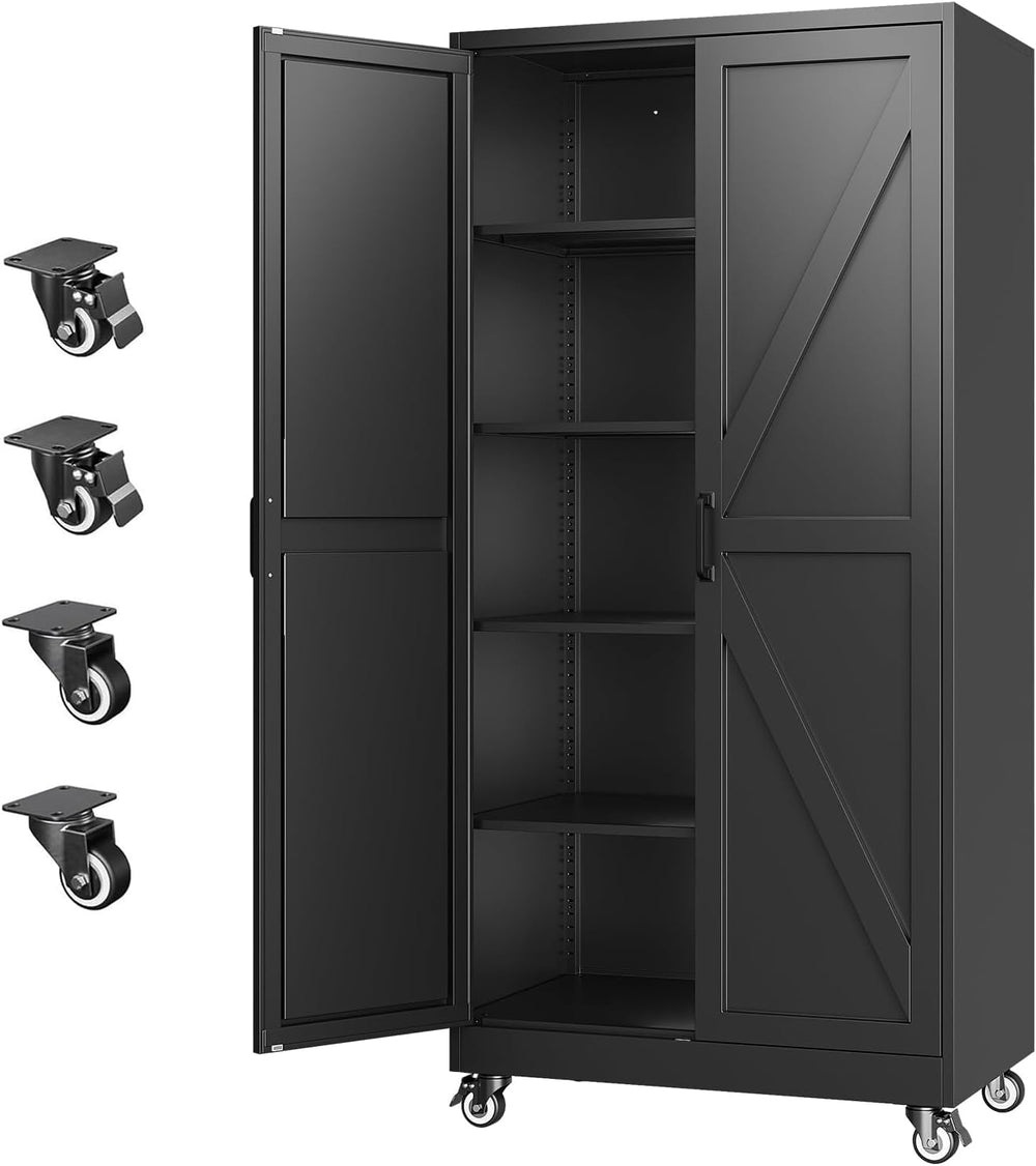 Letaya Metal Garage Storage Cabinet with Wheels,71" Black Tool Steel Locker