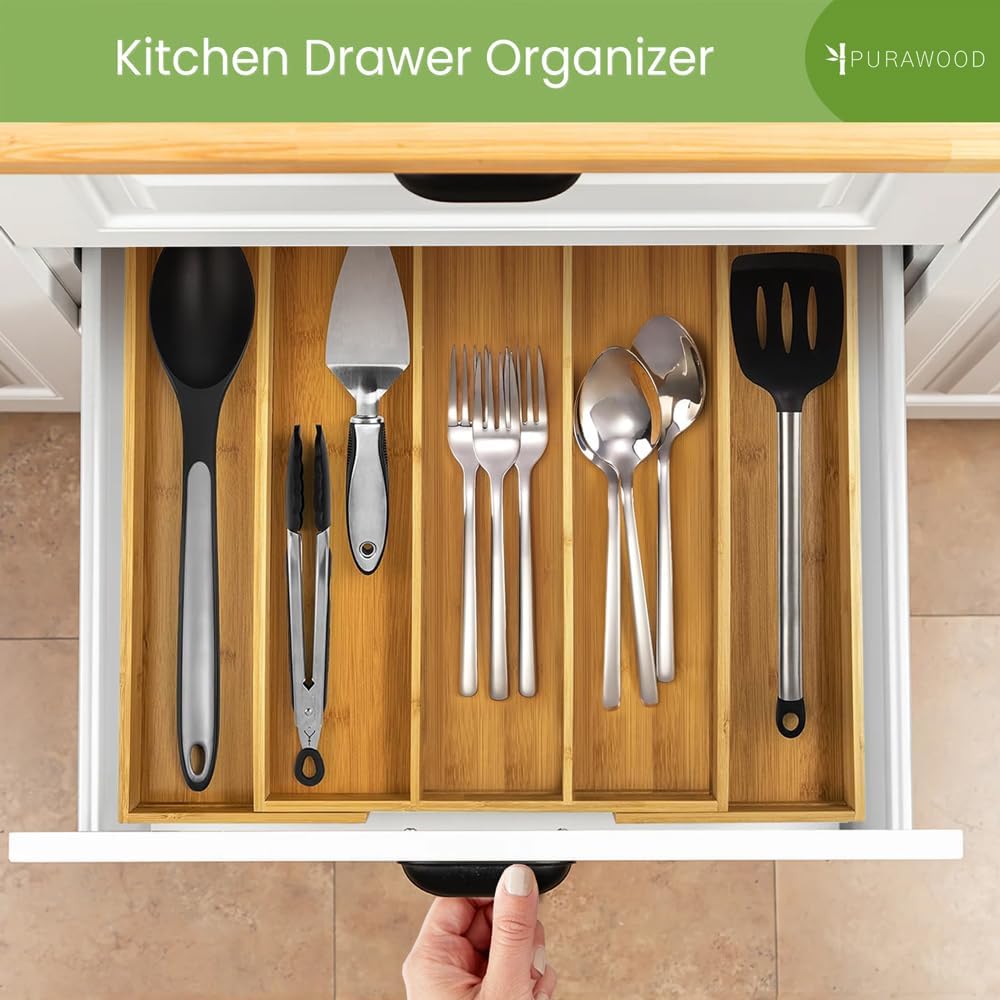 Purawood Expandable Kitchen Drawer Organizer 3-5 Slots, Natural