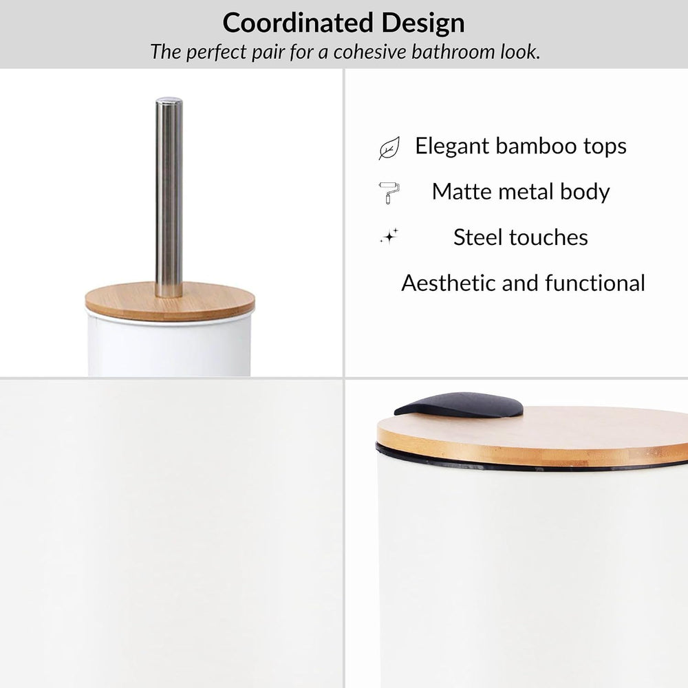 Bathroom Set w/Bamboo Lid, Metal Trash Can & Toilet Brush, 2.5L Bin, White
