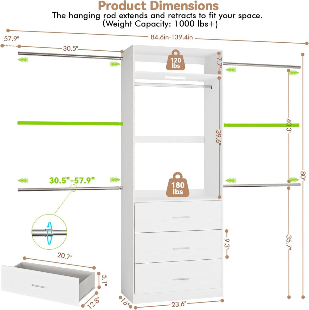Wooden Closet System With LED Light 11FT Closet Organizer with 3 Wooden Drawe...