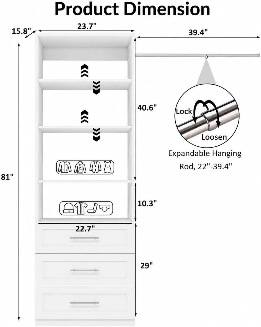 Closet System with 3 Drawers and 4 Shelves, Closet Organizer System with 1 Ex...
