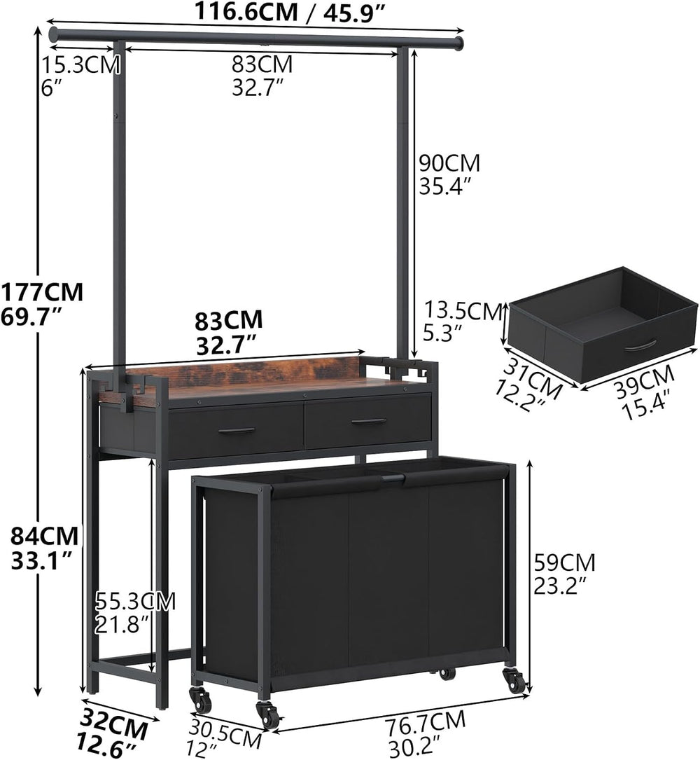 STIKELY Laundry Sorter Hamper with Hanging Cloth Rack, Laundry Basket with 3 ...