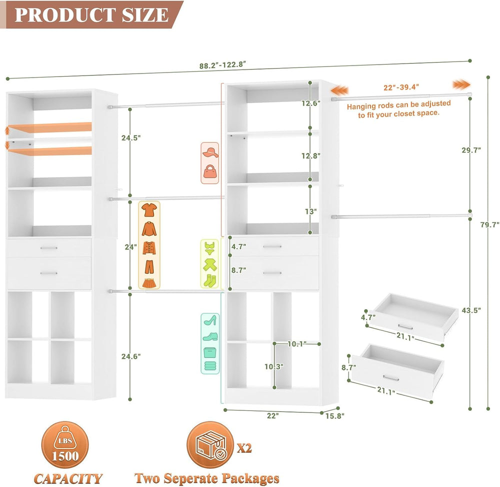 Besiost Closet System, 7.4ft-10ft with 4 Wooden Drawers and 5 Hanging Rods, C...