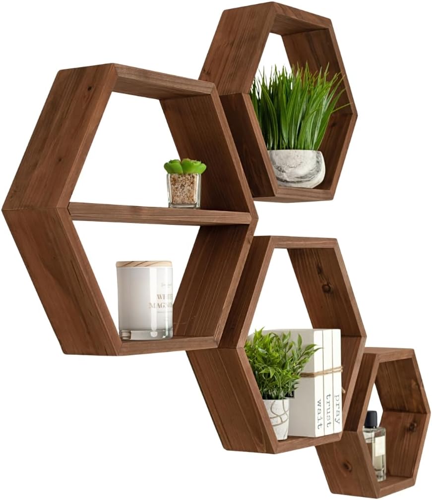 LABEND HOME Hexagon Floating Shelves Set of 4 - Solid Wood Wall Mounted Shelv...