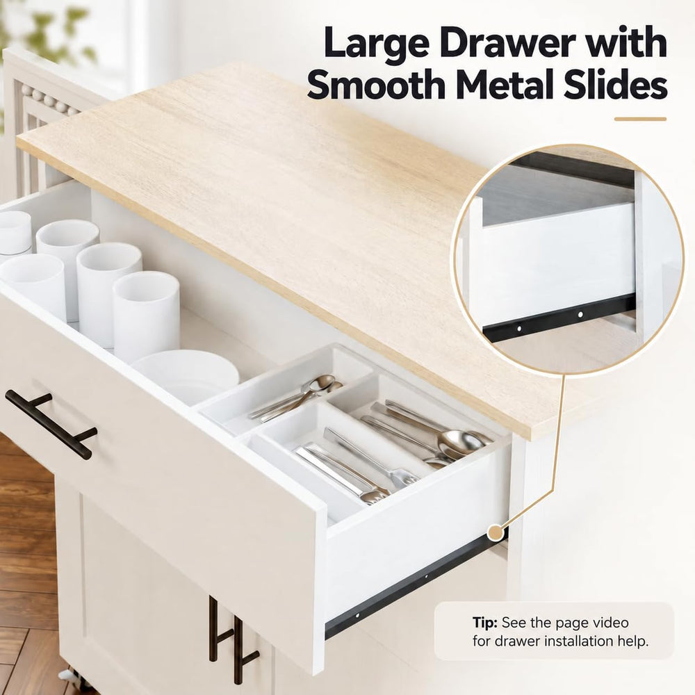 IRONCK Kitchen Island Table on Wheels with Drop Leaf, 47.25" Wide White